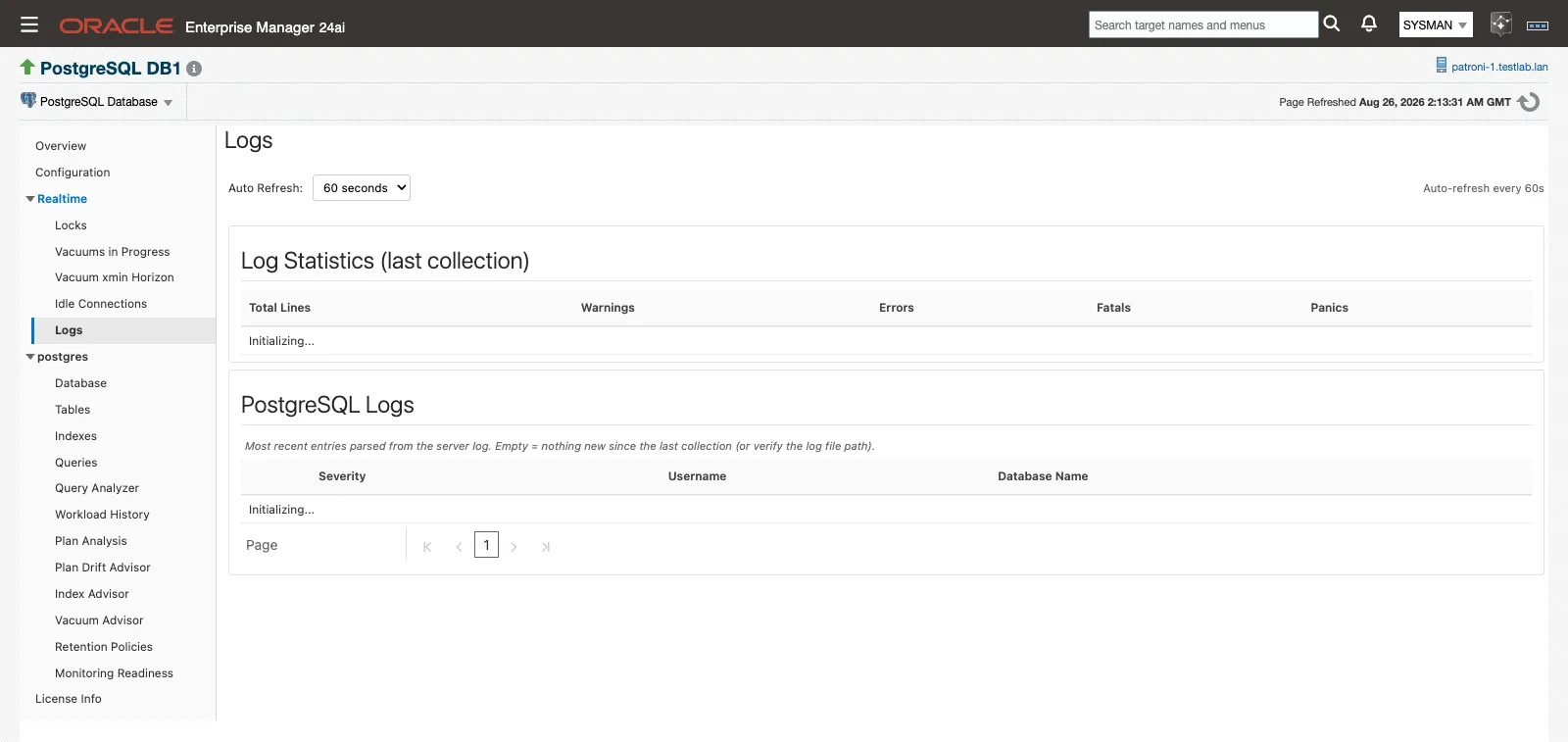 The Logs page showing Log Statistics and the most recent parsed log entries