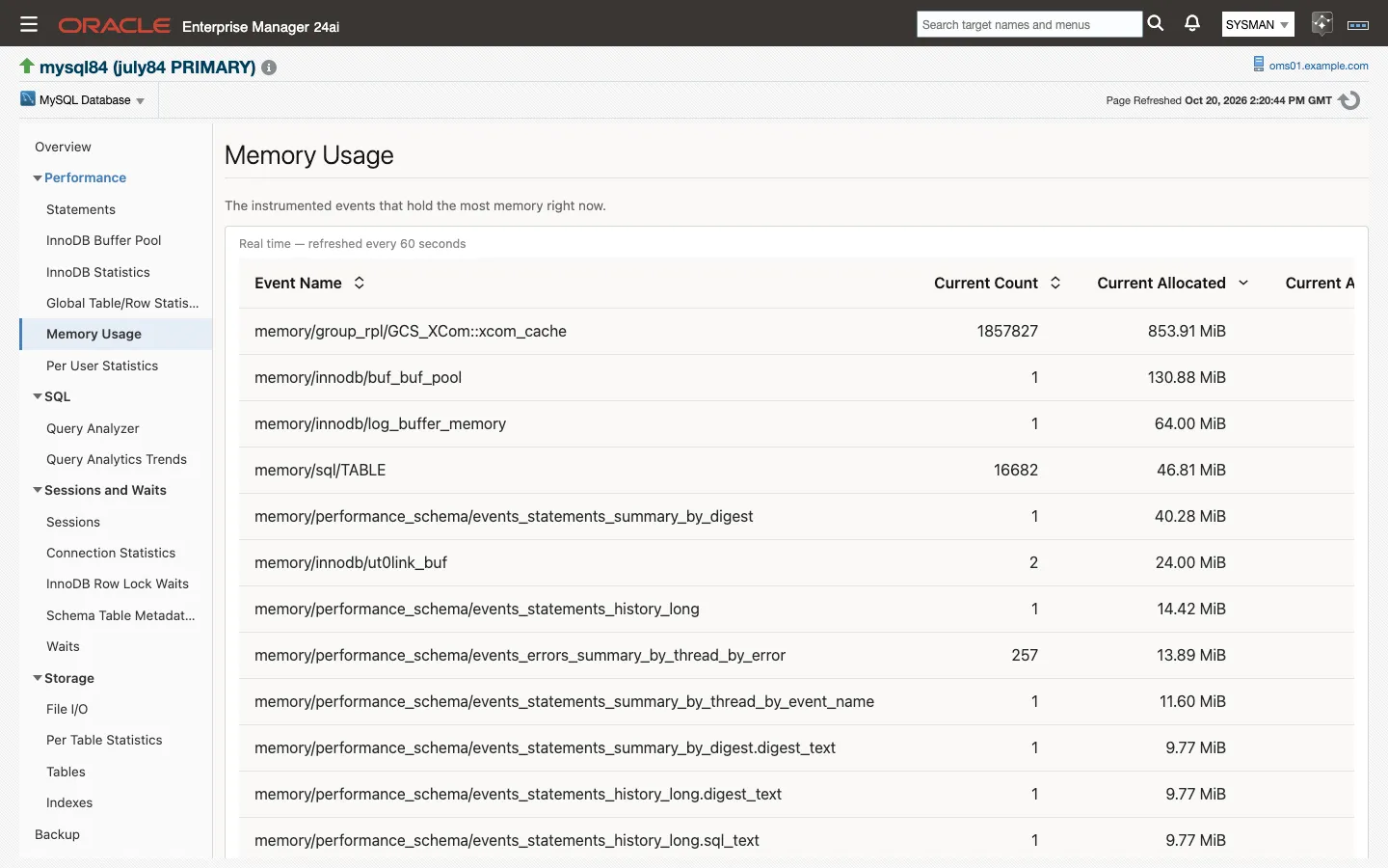 The Memory Usage page: one row per instrumented event, ranked by current allocation
