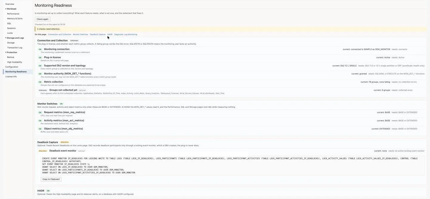 Monitoring Readiness page: the summary line, the jump list and the Connection and Collection, Monitor Switches and Deadlock Capture panels