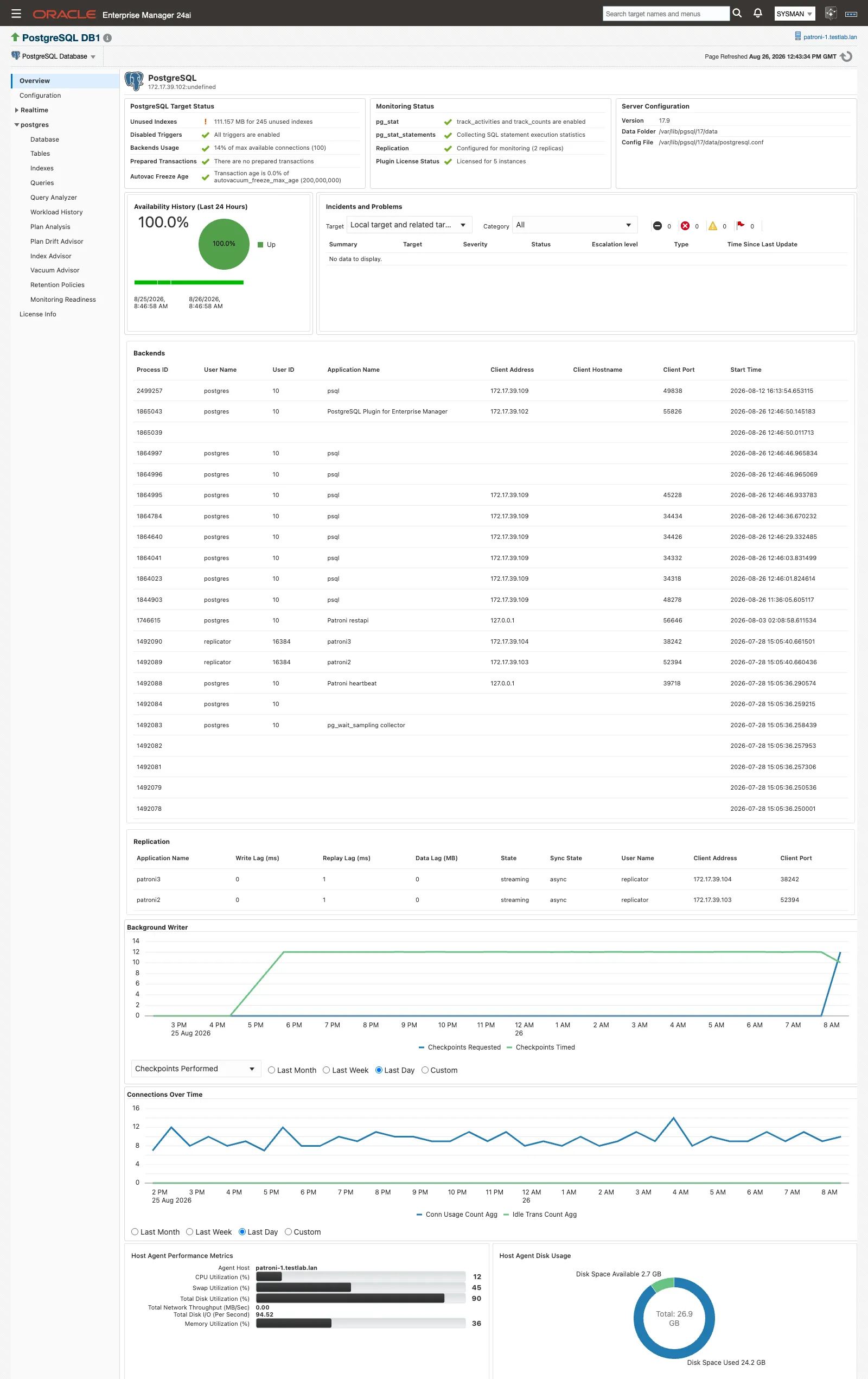 The Overview page showing availability, incidents, Backends and Replication tables, and the Background Writer and Connections Over Time charts