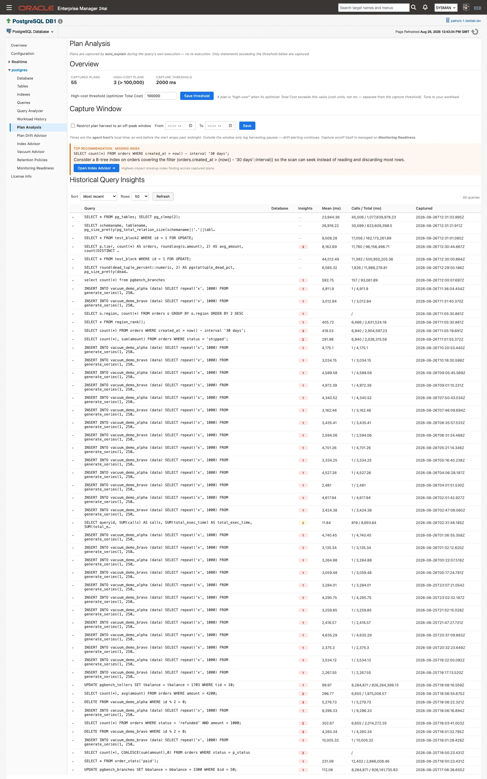 The Plan Analysis page showing the Overview KPI tiles, the Capture Window editor, and the Historical Query Insights list