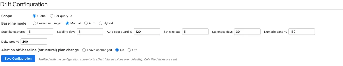 The Drift Configuration panel with scope, baseline mode, and the drift knobs