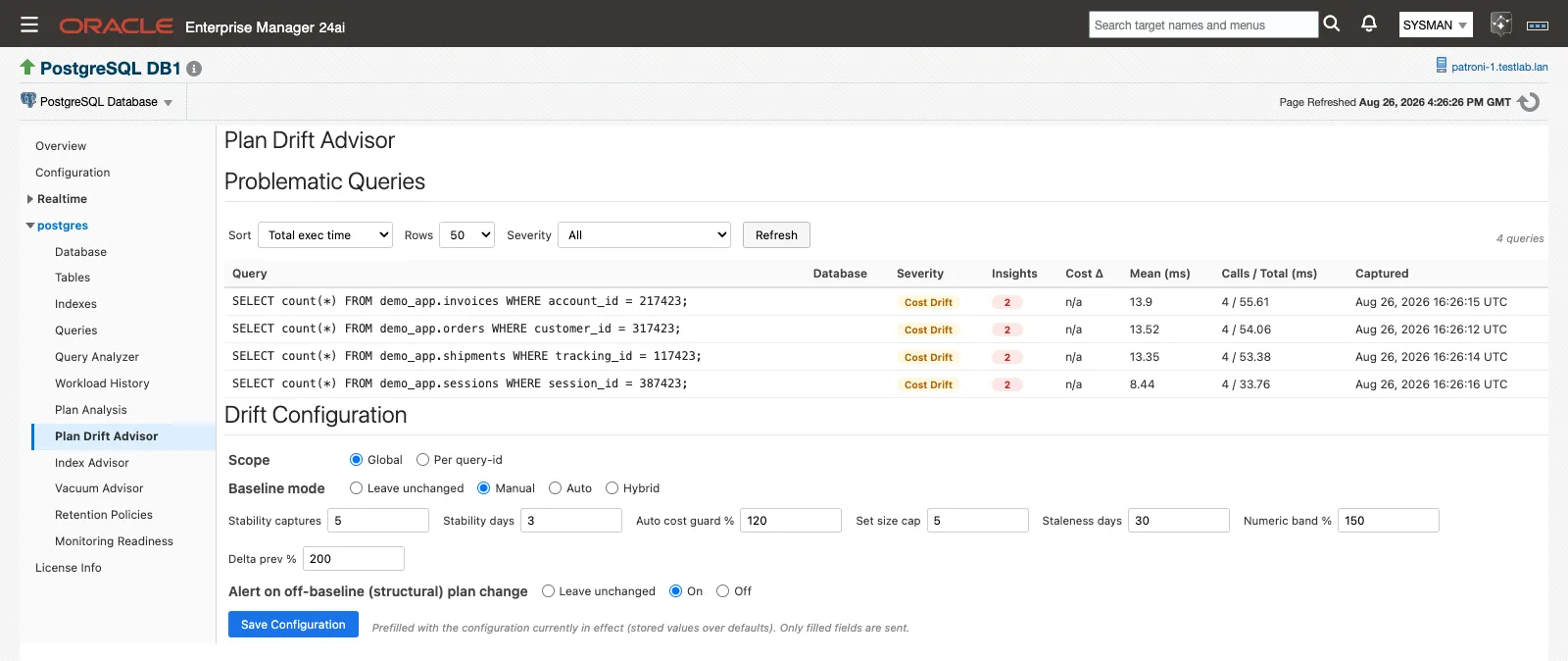 The Problematic Queries list on the Plan Drift Advisor page