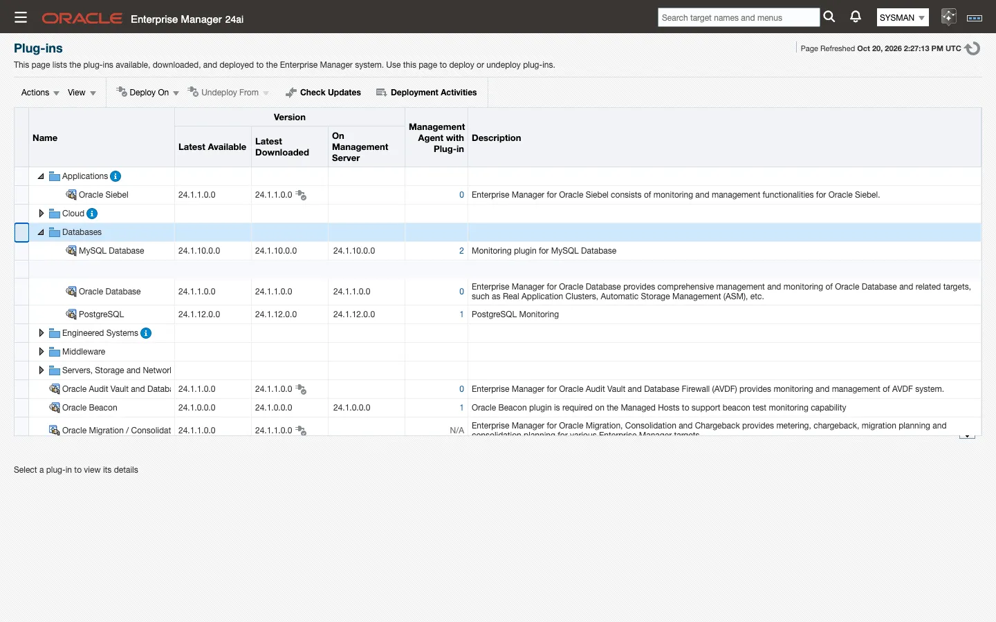 The Plug-ins page with the Databases folder expanded and the MySQL Database row deployed on the management server and two agents