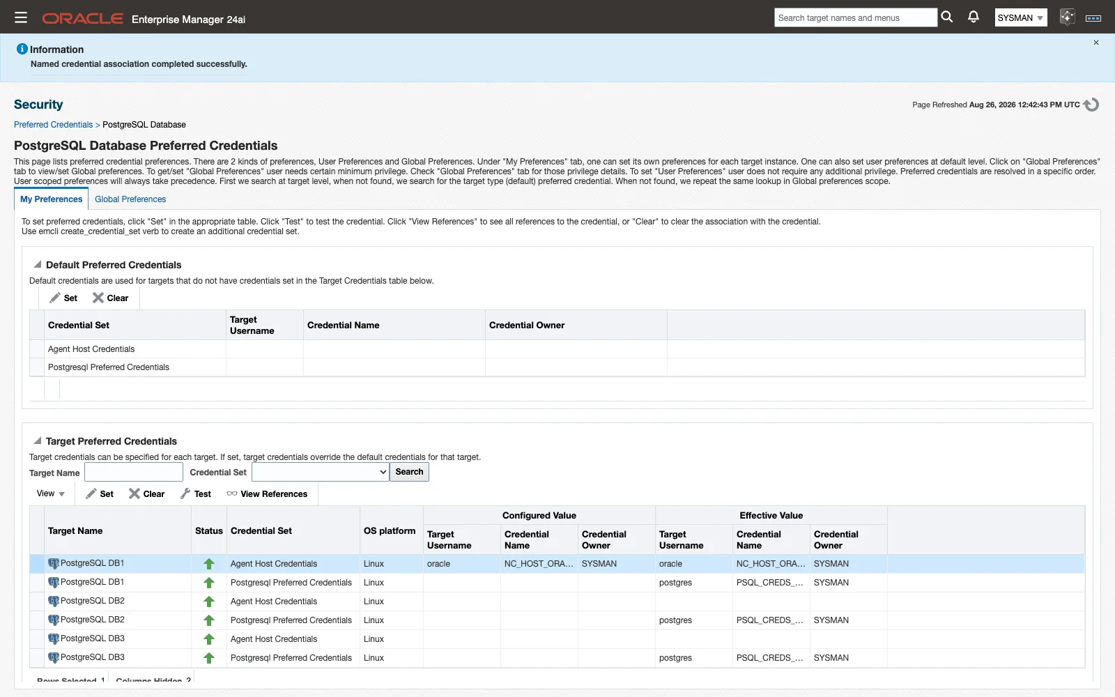 The PostgreSQL Database Preferred Credentials page with Agent Host Credentials set for a target