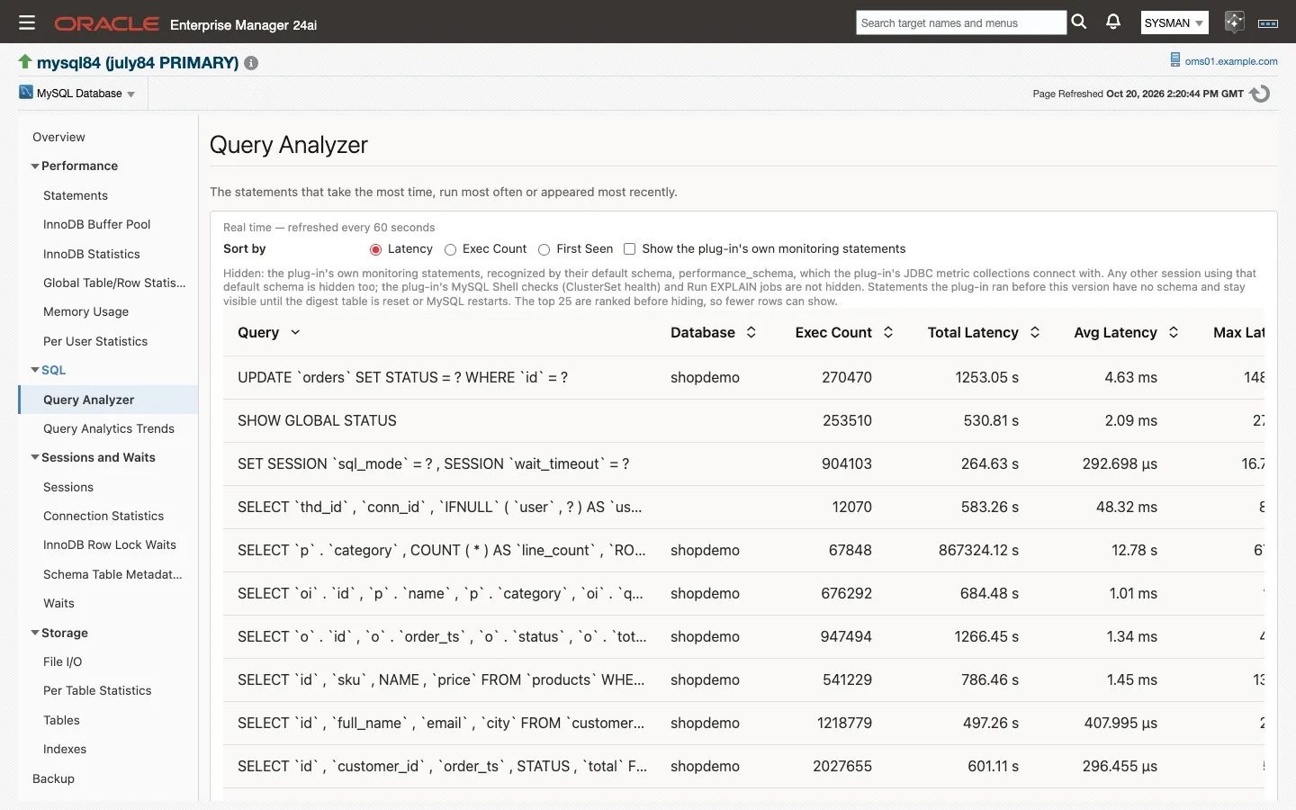 The Query Analyzer page: the top statement digests sorted by latency, with the Sort by selector and the hidden-statements note above the grid