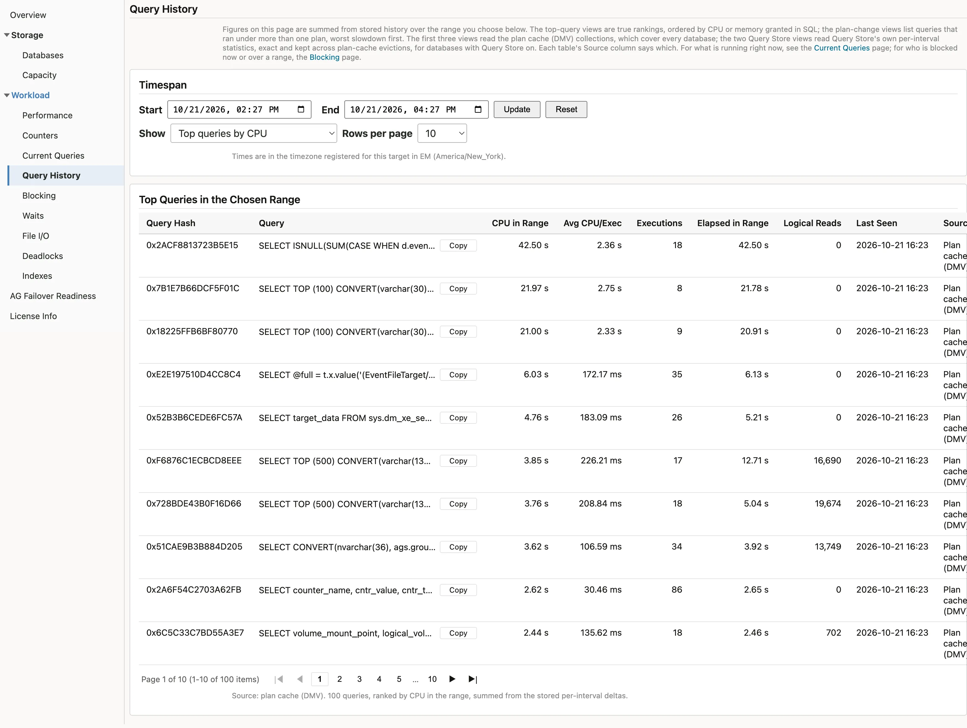 The Query History page, showing the Timespan panel above the top queries by CPU for the chosen range