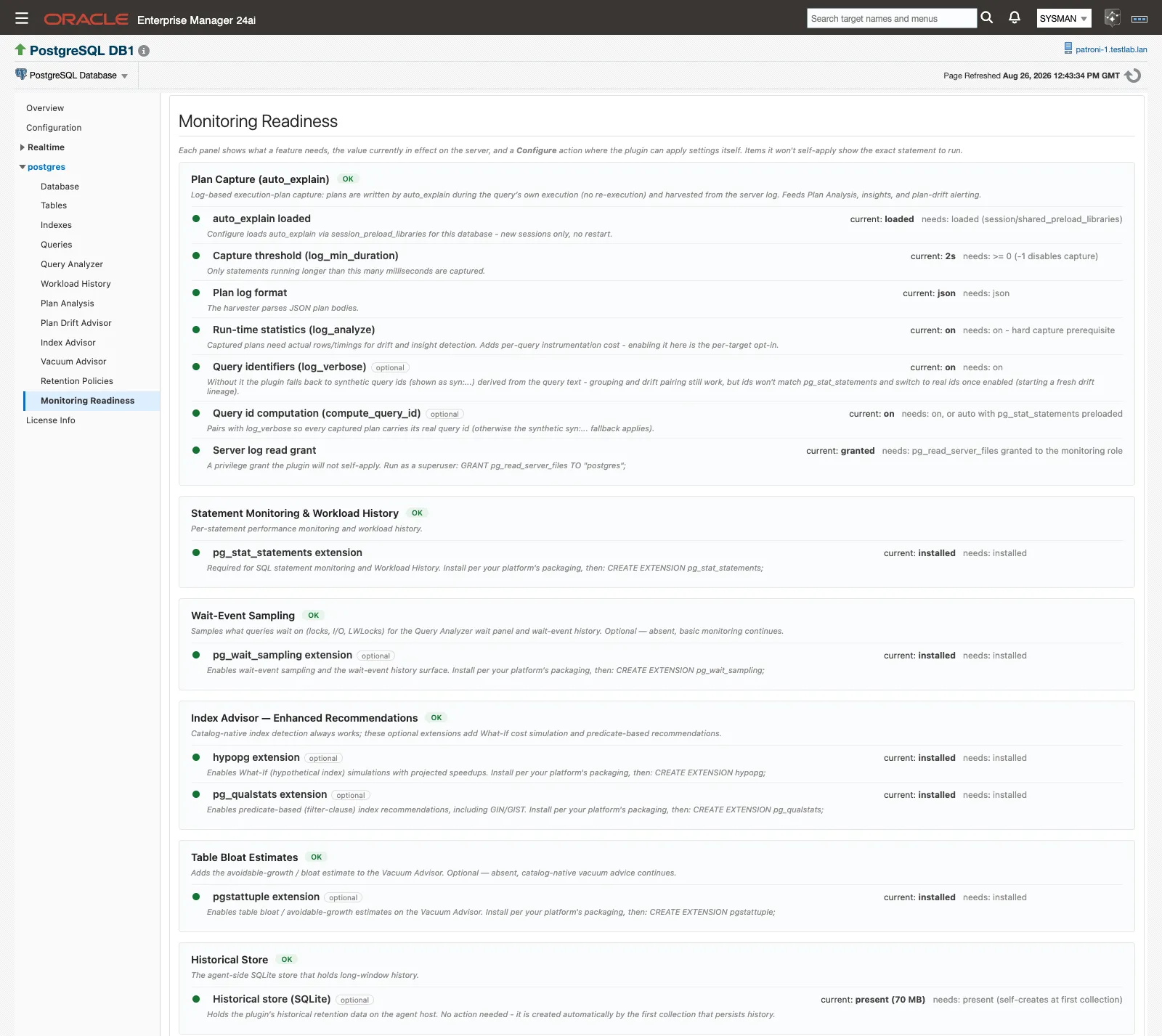 The Monitoring Readiness page showing its seven feature panels with status chips