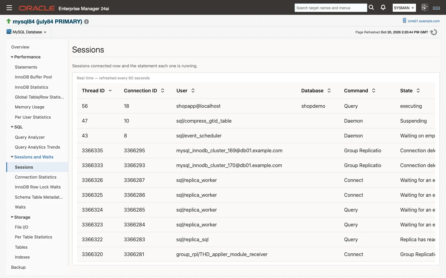The Sessions page: one row per connected session with its user, database, command and state