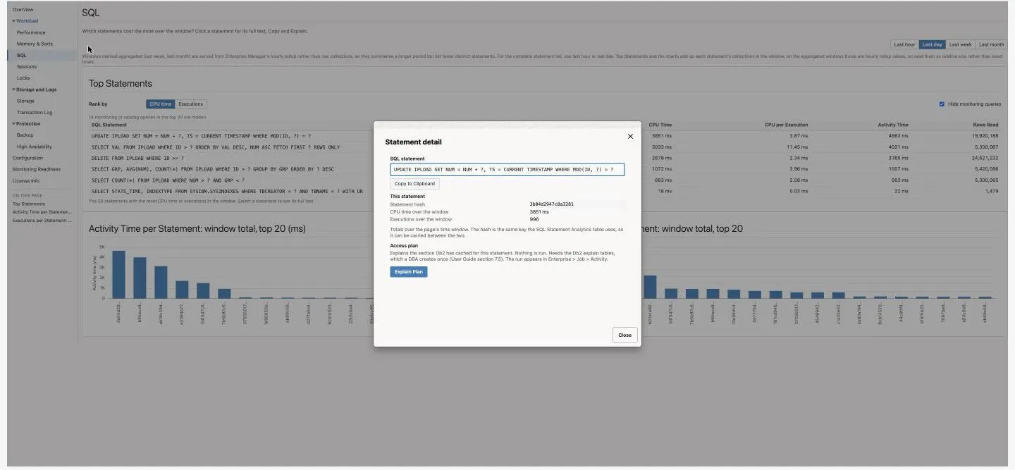 Statement Detail dialog: the SQL text, Copy to Clipboard, the statement's figures and Explain Plan