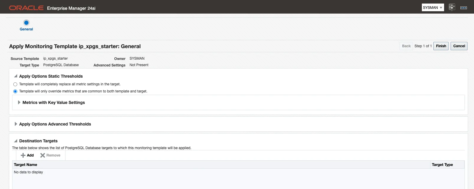 Applying an imported template to a PostgreSQL Database target
