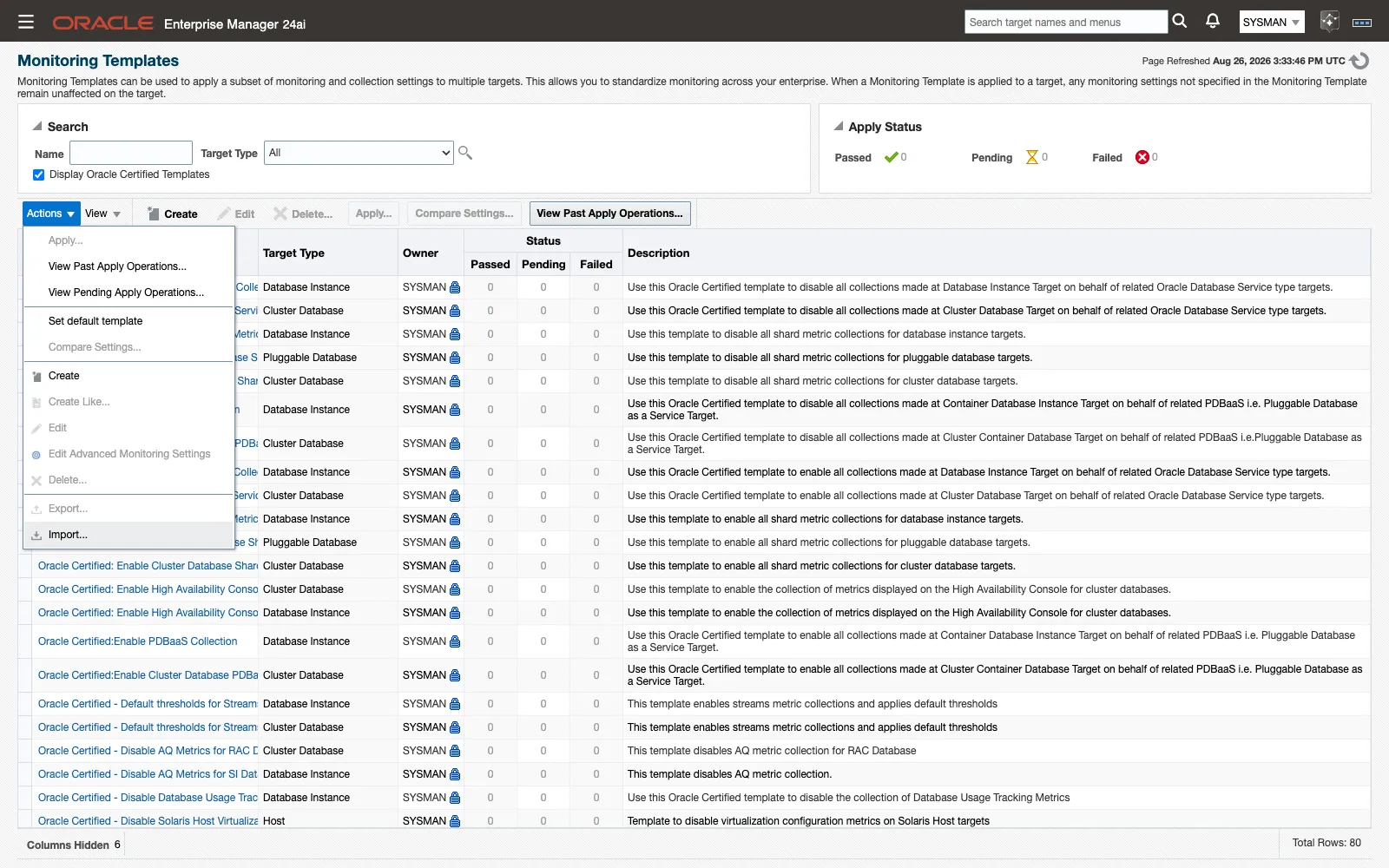 The Monitoring Templates page with the Import action selected