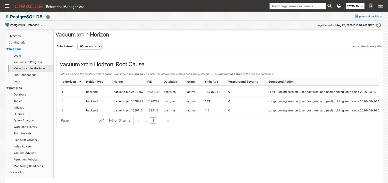 The Realtime Vacuum xmin Horizon page listing holders with Is Horizon, xmin Age and Suggested Action
